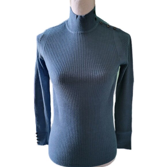 Long Sleeve Blue Mock Neck Slim Stretch Ribbed Knit Pullover Sweater Sz M - Picture 2 of 7